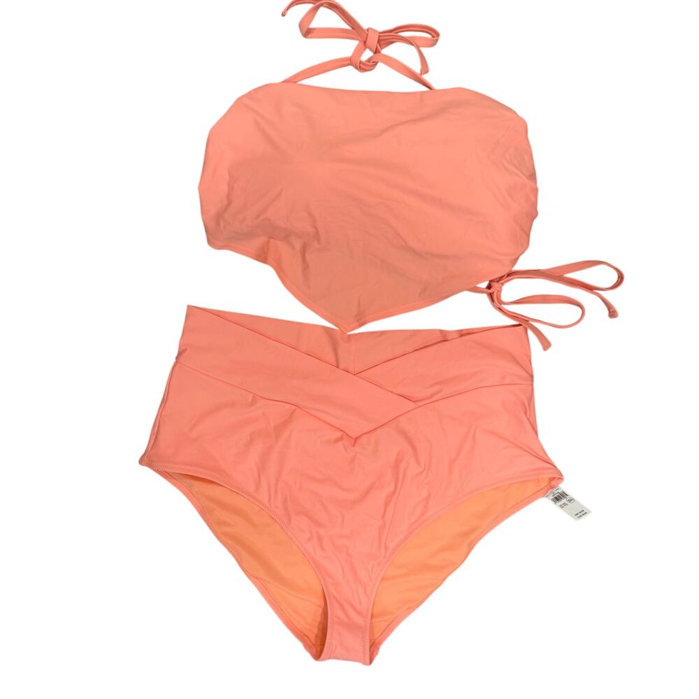 Aerie Neon Coral Crossover High Waisted Bikini Set Bandeau Tie Top XXL NWT